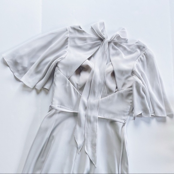 Marchesa Notte Bridesmaids Draped-Sleeve Rear-Cutout Gown Grey - Picture 11 of 16